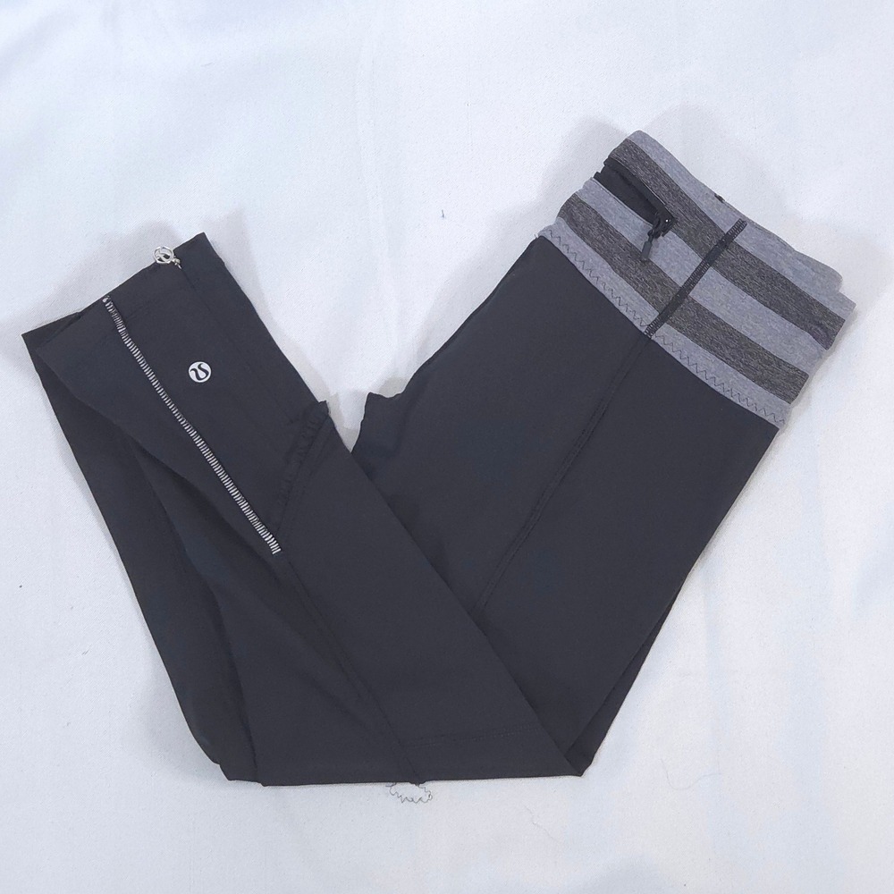 Lululemon Stripe Crop Leggings 6 Ankle Zip Black Grey Ruffle Capris Yoga Fitness